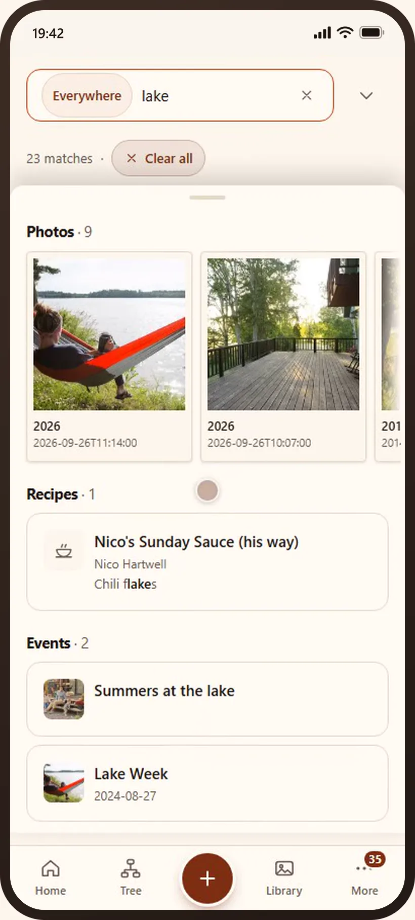 Typing “lake” into search on a phone, and the photos and stories it finds.