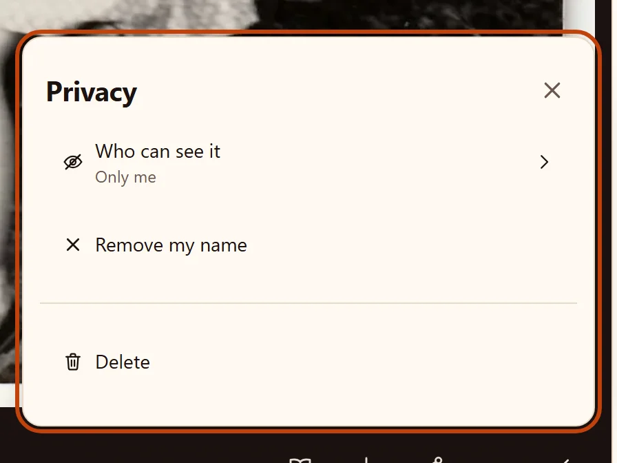 A photo’s Privacy sheet: who can see it, as a person pictured in it has narrowed it.